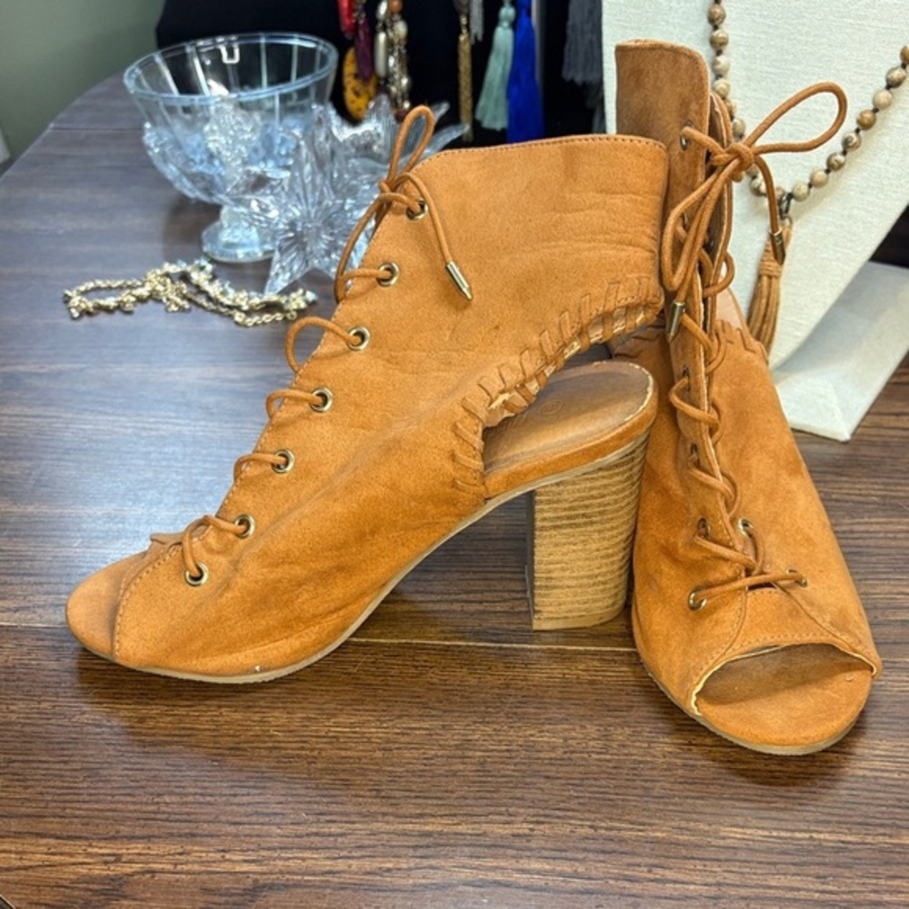Wild Diva Tan Suede Lace-Up Heels With Peep Toes